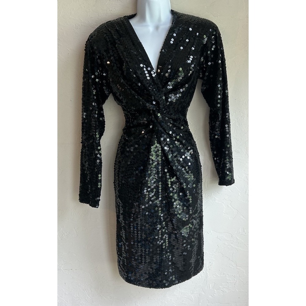 Vintage 80s 90s Niteline Black‎ Sequin Dress 8 Glam Party Disco Retro Twist
